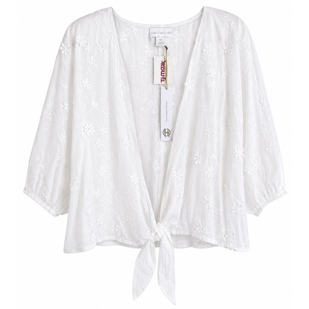 House of Harlow Daisy Embroidered Tie Front Top One Size NWT White Boho